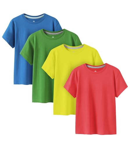 LAPASA Camiseta Niño & Niña (Pack de 4) Camisetas Manga Corta Blanca & Colores Unisex 100% Algodón K01 13 años Rojo + Amarillo Limón + Verde + Azul