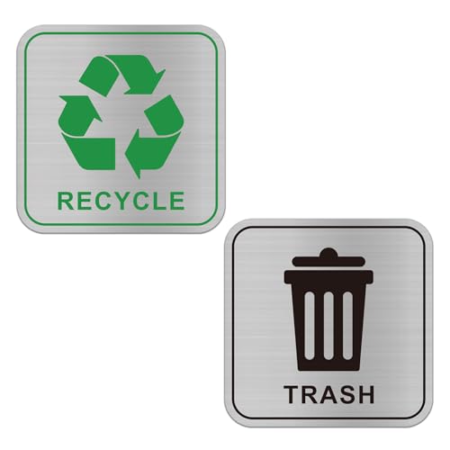 Trash and Recycle Signs,Aluminum Metal Self Adhesive Signage for Office Outdoor Waste Containers Kitchen Cans Garbage Bins