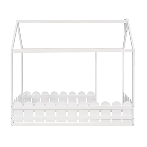 Meritline Twin House Floor Bed For Kids Wood House Bed Frame With Fence & Roof, Montessori Playhouse Bed For Girls Boys Teens (White) #TOP7