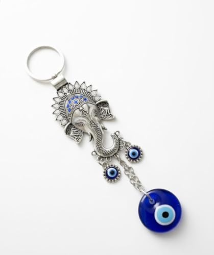 Image of Shasha Creation Lord Ganpati Ganesha or Ganeshji Evil Eye Good Luck Metal Hook car hanging and home decor (Blue and Silver) Evil's eye hanging with Shree Ganesha face