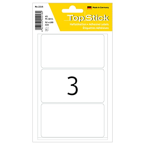 TopStick 2216 Étiquettes multi-usages grandes (52 x 100 mm, 15 feuilles, papier, mat) auto-adhésives, autocollantes universelles permanente pour l'inscription manuelle, 45 étiquettes adhésives, blanc Cover