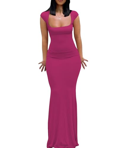 Image of Womens Summer Cap Sleeve Square Neck Elegant Casual Lounge Bodycon Slim Maxi Evening Party Long Dress