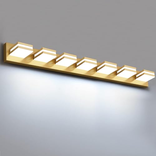 Image of IZORRO LED Modern Bathroom Lights Fixtures(7-Light,Dimmable,360Rotate),Brushed Glod Acrylic Wall Lighting,Vanity Lights for Bathroom Over Mirror - 6000k 40In (No Assembly Required)