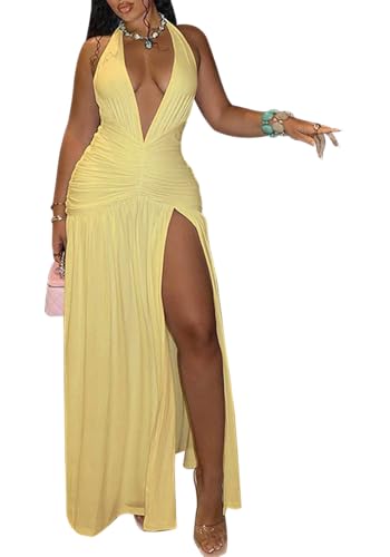 Image of Famnbro Womens Sexy Halter V Neck Dress Sleeveless Low Back Side Slit Summer Party Cocktail Club Maxi Dresses