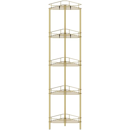 Image of HuggieGems 5 Tier Floor Standing Corner Shower Caddy Organizer Shelf with Hooks, Bathroom Shelves Stand Rack, Gold