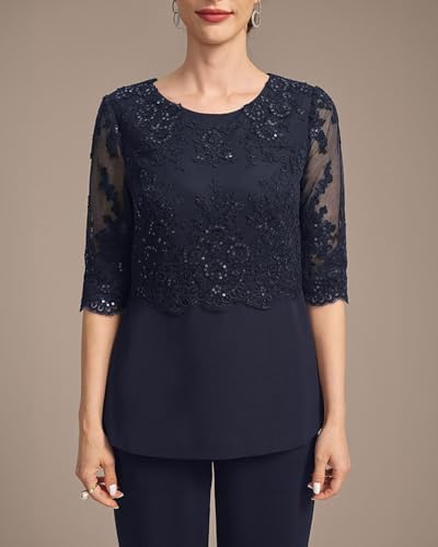 Mother Pant Suits for Women Dressy - 3 Pieces Lace Chiffon Mother of The Groom Pant Suits with Jacket