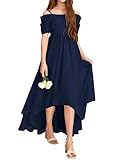 Haloumoning Girls Cold Shoulder Dress A-line Asymmetrical Chiffon Junior Bridesmaid Birthday Party Dress Navy Blue