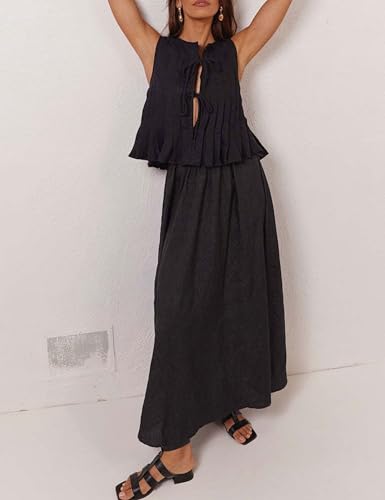 Zontroldy Women's Linen Tie Front Shirts Sleeveless Y2K Babydoll Ruffle Tank Top Aesthetic Clothes4