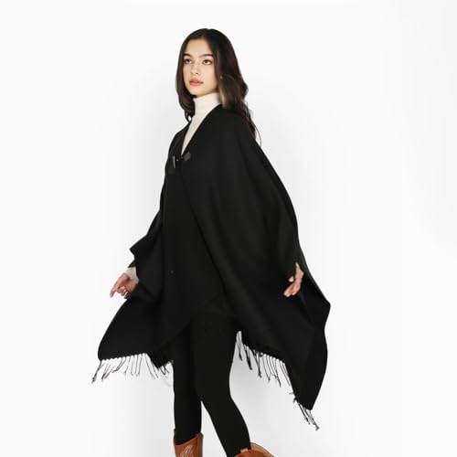 Tassel Shawl Cape with V-Neck Knitted Open Front Cardigan with Stylish Buttons Long Poncho Warm Winter Wrap Shawl 20253