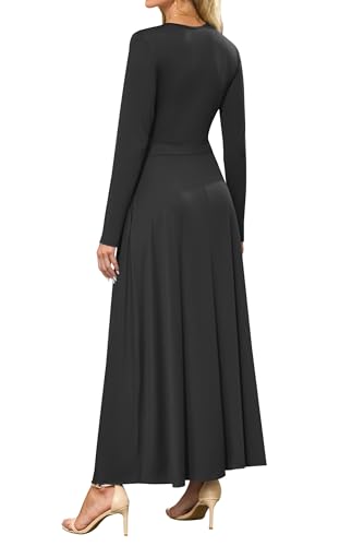AUSELILY Womens Long Sleeve Maxi Dress 2025 Fall Dress V Neck Wrap Waist Formal Long Dresses with Pockets3