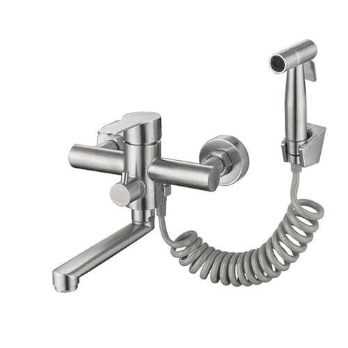 Robinet cuisine mural en acier inoxydable brossé avec pulvérisateur et mitigeur eau chaude froide