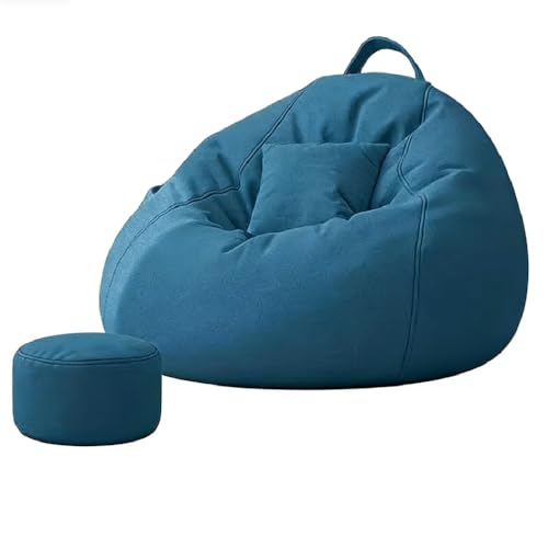 Soft Linen Bean Bag Chair with Supportive Filling Lazy Sofa with Pillow & Footstool Portable Lounge Chair for Living Room Bedroom Balcony Home Office 90x100CM (Blue)