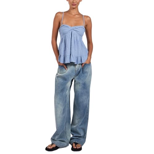 Mxiqqpltky Women Y2k Plaid Babydoll Tank Top Summer Spaghetti Strap Square Neck Ruffle Camisole Cute Flowy Hem Peplum Shirts2