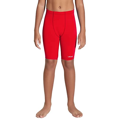 LEAO Youth Boys Swim Jammers Solid Swimsuit UPF 50+ Sun Pretection Quick Dry Athletic Swimming Shorts Red S