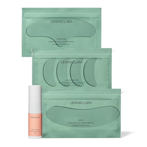 Dermaclara Silicone Patch Face Rejuvenation Kit - Anti-Wrinkle Patches for Forehead Smile Lines Silicone Frown Line Treatment Up to 30 Uses- 1 Forehead 4 Mouth & Eye 1 Neck & 1 Cleanser