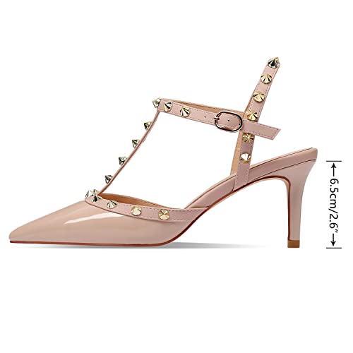 XINIUNIU Studded Heels for Women Kitten Heels with Studs Stiletto Sandals with Rivet Ankle Strap Patent Leather Pointy Toe 2.5 Inch Party Daily Wear Evening Sandals3