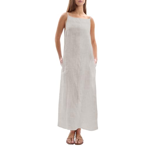 Amazhiyu Women's 100% Linen Sleevelesss Black Tie Maxi Dresses Summer Casual