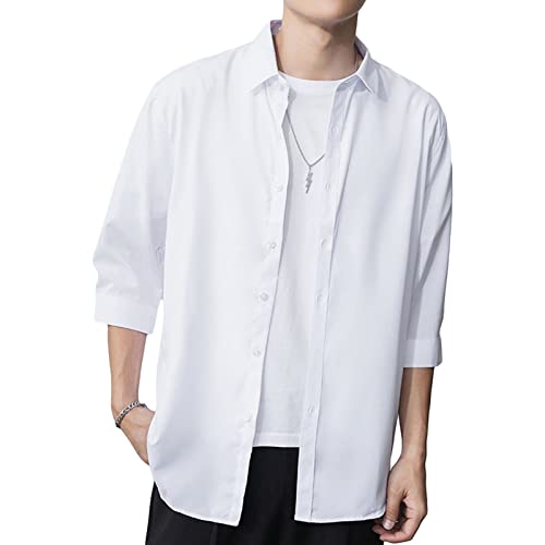 DGHM-JLMY Men's Casual Ice Silk Fashion Shirt Cropped Sleeves Loose Solid Color Shirt Summer Thin Button Down Shirt