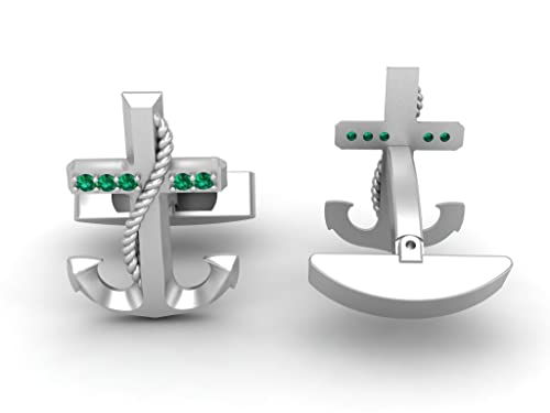 Ratnavali Arts Gentleman's Premium Sterling Silver/Yellow Gold Plated Handmade Artisan Tie Bars Clips Cufflinks (Emerald, Sterling Silver) #TOP24