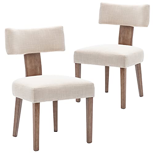 Hny Hi&Yeah Mid Century Modern Dining Chairs, Linen Fabric Upholstered And Curved Backrest Kitchen Chairs Set Of 2, With Hardwood Frame, Beige #TOP2