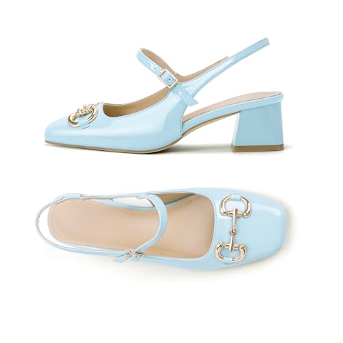 Blue Slingback Mary Janes Shoes for Women Closed Square Toe Pump Shoes Low Chunky Heel Sandals with Buckle Ankle Strap Casual Party Dessy Size 8 by Lhamo Latso - Used condition - Image 3