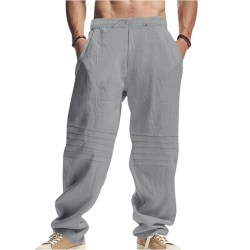 Linen Pants for Men Drawstring Elastic Waist Straight Leg Trouser Lightweight Breathable Sweatpant with Pockets