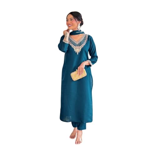 Image of Shiv Textiles Women's Chanderi Silk Embroidered Kurta Pant Dupatta Set(JDA-NILAM-RAMA-S)