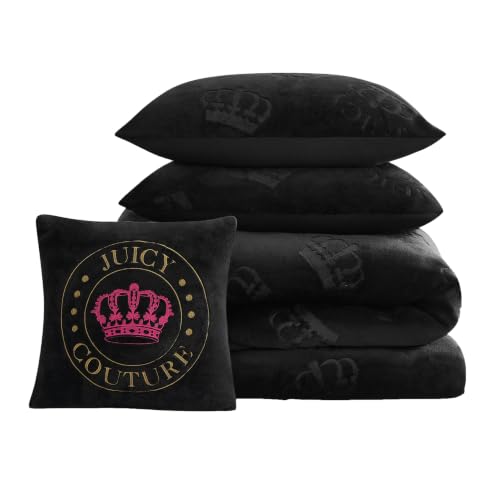 Image of Juicy Couture Plush Reversible Embossed Crown 4-Piece King Comforter Set with Decorative Pillow, Black