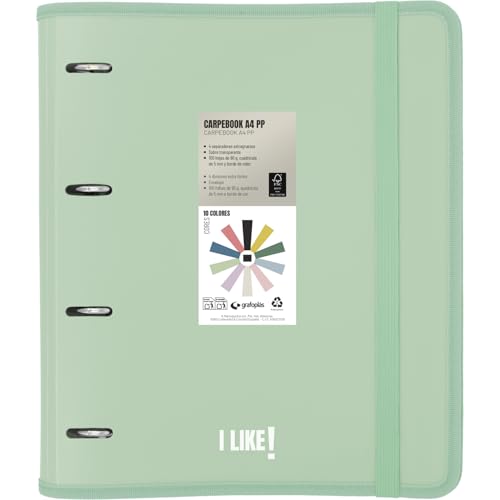 Grafoplas - Archivador 4 Anillas Plastico a4 con Recambio, Carpebook Like Verde Claro, Incluye Hojas Cuadros 90g 5x5 Bordes Color, Separadores, Sobre con Cierre, Pegatinas y Hojas Planner