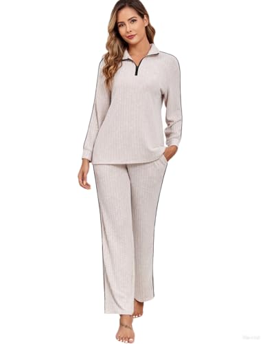 Veseacky Lounge Sets Ribbed Knit zipper lapel home wear long sleeve suit 2 Piece for Women Matching S-XXL