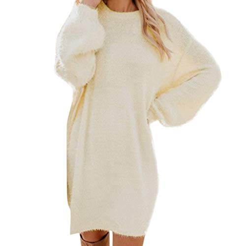 Image of Women's Sweater, Long Sweater, Oversized Sweatshirt Dress, Loose Long Sleeve Winter Dress with Batwing, Warm Sweaters Dresses, Beautiful Sweaters, Casual Round Neck, Elegant Satin Dresses Beige