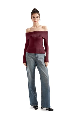 Image of SUUKSESS Women Off Shoulder Sweaters Long Sleeve Ribbed Knit Going Out Fall Tops Blouse