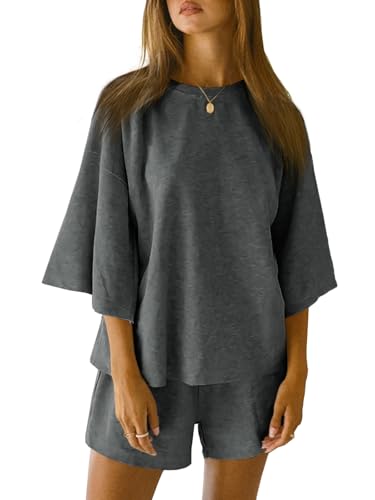 Image of Tankaneo Womens Pajama Sets 3 /4 Sleeve Oversized Tops & Loose Fit Shorts Lounge Set with Pockets Loungewear