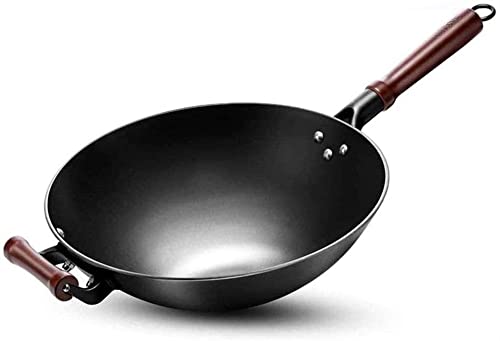 Wok con mango de madera y fondo plano, 13.5 pulgadas
