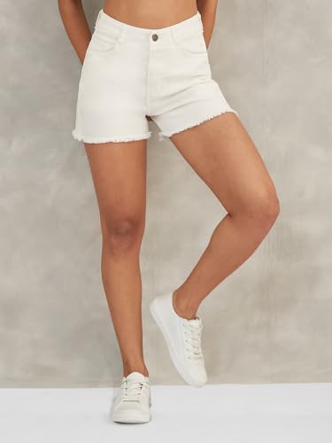 Image of Dolce Crudo Women's Relaxed Fit Mid-Rise Denim Shorts with Adjustable Waist & Frayed Hem