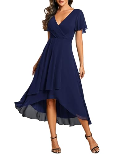 Ever-Pretty Robe D'Invité Jupe Trapèze Col en V Manches Volantées Robe Femme Chic Et Elegant Belle Robe Soirée Bleu Marine 44