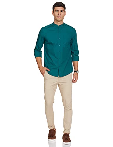 Image of Amazon Brand - Symbol Men's Solid Cotton Shirt | Chinese Collar | Casual | Plain | Full Sleeve | Summer-Regular Fit (Available in Plus Sizes)