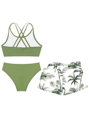 Kids Girls 3 Pieces Solid Color Tankini with Printed Shorts Set Summer Swimsuit Beach Bathing Suit4