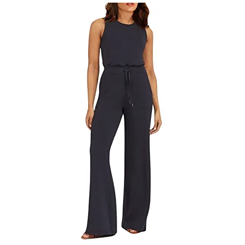 Jumpsuit Damen Lang Rundhals Einfarbiges High Waist Hosenanzug Mit Taschen...