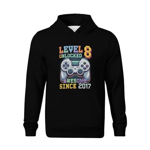 Kids Level 8 Unlocked Awesome Since 2017 8th Birthday Gaming Boys Girls Lightweight Kangaroo Pocket Fleece Hoodies2