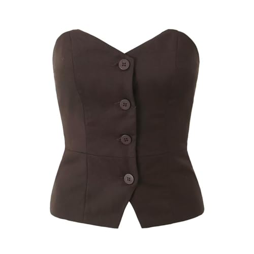 Vintage Suits Vest Women High Street Fashion Sexy Single Breasted Strapless Vest Off Shoulder Top Ladies (US, Alpha, Small, Regular, Regular, Brown)