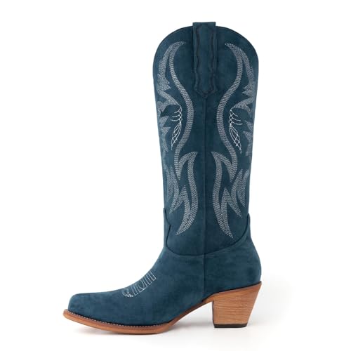 Image of KaroNairy Women Cowboy Boots Faux Suede Embroidered Pointed Thick Heeled Western Wide Calf Cowgirl Ponited Toe Mid Calf Boots
