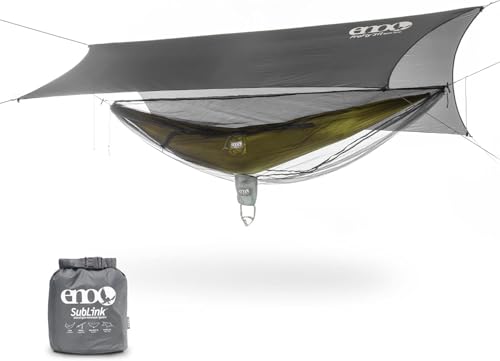 ENO SubLink Hammock System - Includes Sub6 Hammock, Helios Suspension System, Guardian SL Bug Net & ProFly SIL Rain Tarp - Set of Lightweight Essentials for Camping, or Hiking - Grey/Lichen