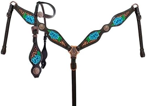 Showman Painted Blue Flower & Cheetah Print Leather Headstall & Breast Collar Set