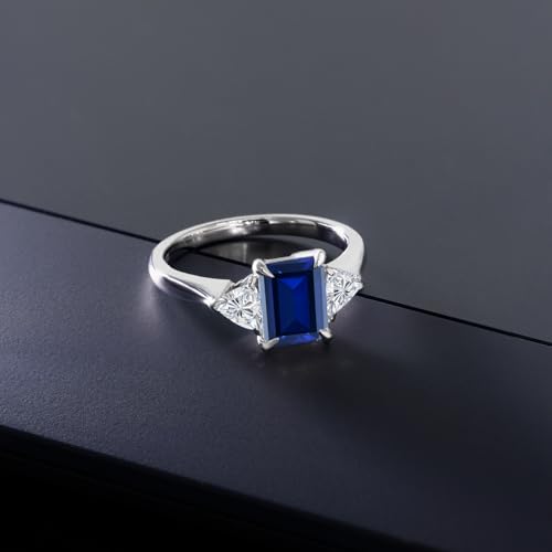 Gem Stone King 925 Sterling Silver Blue Created Sapphire and Lab Grown Diamond 3-Stone Engagement Ring For Women | 1.78 Cttw | Emerald Cut 8X6MM and Trillion 3.5MM | Available in Size 5,6,7,8,94