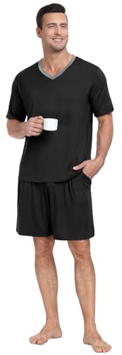 PrinStory Men's Pajama Set Sleepwear Pjs Lightweight Quick Dry Short Sleeve V-Neck Shirts and Shorts Soft Comfy Sleep Sets3
