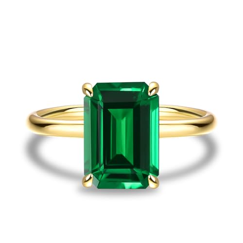 3.5ct Elongated Emerald Cut Engagement Ring for Women,14K Yellow Gold Plated 925 Sterling Silver Simulated Dark Emerald Green Gemstone Solitaire Promise Ring for Wedding,Travel,Daily