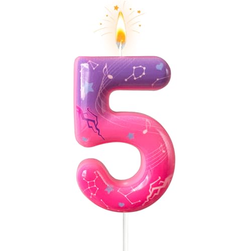 Lurevian K-pop Pink Purple Number Birthday Candle Trendy Cake Decoration for Themed Parties Sparkly Gradient Cake Topper for Girls Birthday Party Decoration for TeensNumber 5