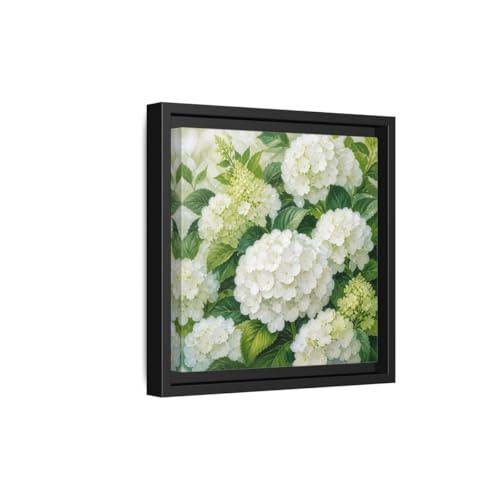 Toile botanique hortensias blancs cadre noir tableau salon décoration murale 25x25 cm