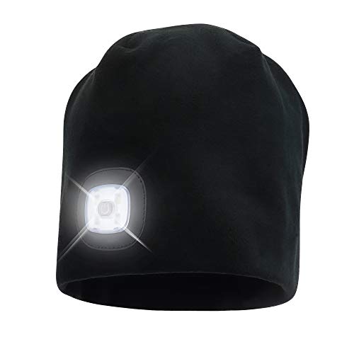 Fleece Beanie Hat with LED Light - Cap for Winter Safety, Unisex Fits Men, Women, Kids Headlamp for Outdoor Dog Walking Black